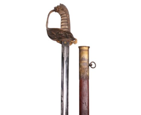 British Victorian 1827 Pattern Naval Officers Sword, standard pattern example with Victorian crowned fouled anchor to the dis