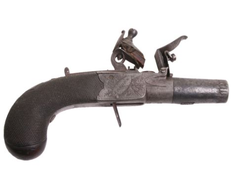 A Boxlock Flintlock Pocket Pistol, turn off barrel 1.5” Birmingham proved, frame engraved Simmons London, top thumb safety lo