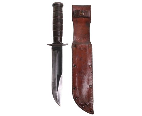 WW2 Camillus American USN Combat Knife, handle with carved initials, steel top pommel with screw fitting and steel cross guar