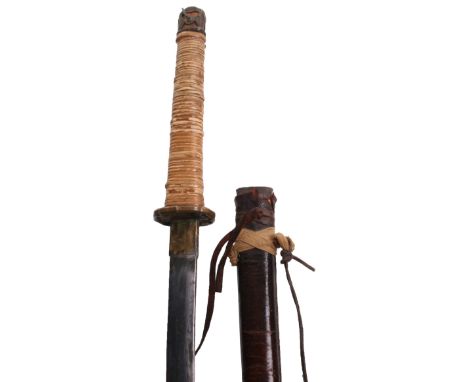 WW2 Japanese Officers Sword Katana, standard wartime brass Tsuba, wicker bound handle. Sword is housed in the original leathe