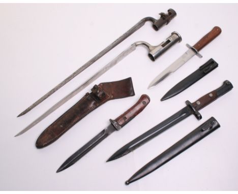 Selection of Bayonets consisting of two English socket bayonets without scabbards, Czechoslovakian Mauser bayonet complete wi