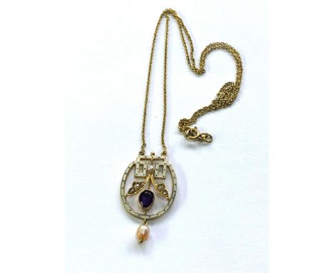 Fine antique liberty &amp; Co gold &amp; enamel amethyst and seed-pearl pendant necklace pendant measures approx 3.2cm drop h