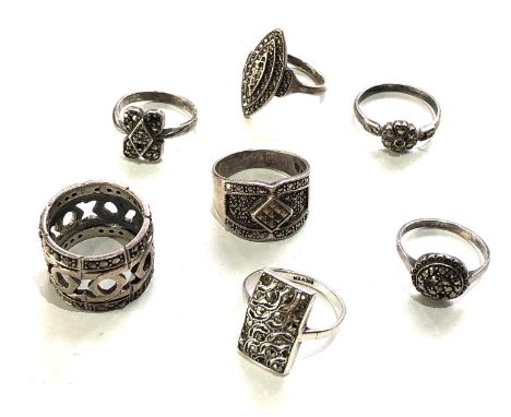 7 vintage silver marcasite rings missing some stones 