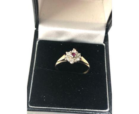 9ct Gold diamond ruby cluster ring weight 1.6g 