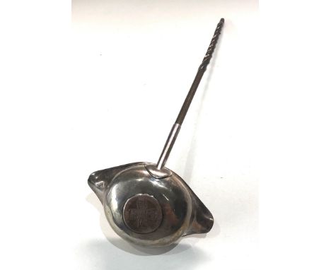 Antique Georgian silver coin set toddy ladle twisted horn handle measures approx 30cm long 