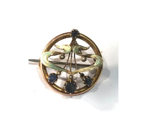 9ct gold antique art nouveau enamel sapphire pearl brooch measures approx 2.2cm dia  enamel wear weight 3.2g 