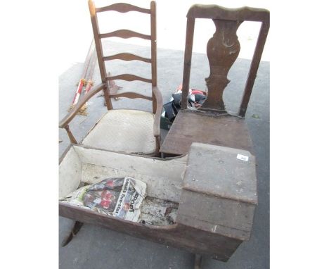 C19th child's rocking crib, C20th ladder back chair, a C19th country style chair with solid seat (3) 