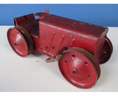 Tri-ang No2 red tinplate clockwork tractor, possible repaint, missing tracks and driver, L21cm 