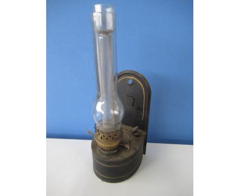 C20th blue japanned and gilt wall mounted oil lamp, burner stamped Duplex, H41cm D18cm 