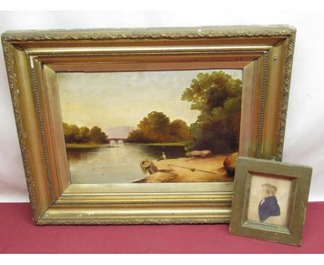 J.S.M. (late C19th); River landscape with fisherman looking toward double arched bridge with hills in the background, monogra