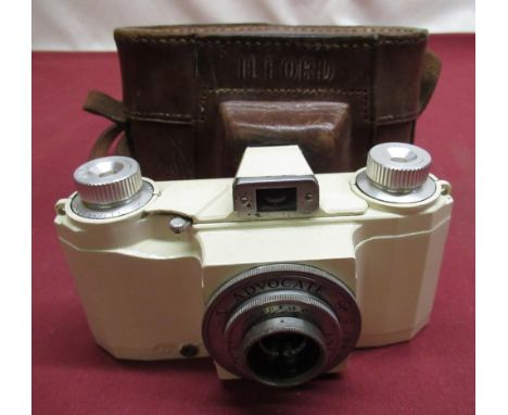 Ilford Advocate in white enamel finish with leather ever ready case. 