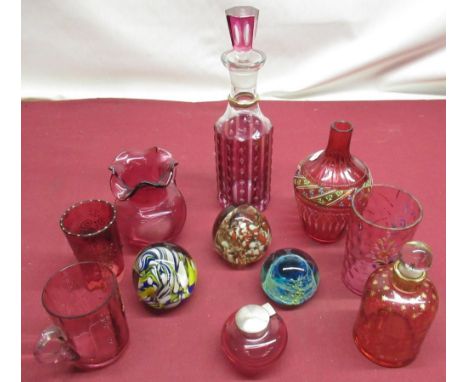 Collection of C19th and later red overlaid and cranberry glass ware incl. oil bottles, beakers, rosebowl, EP mounted inkwell 