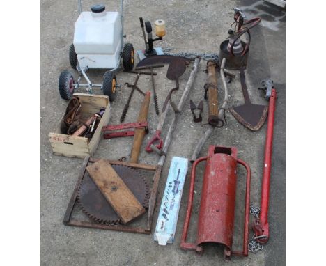 Collection of tools including a Clarke 9 piece dent puller, post knocker, peat spade, sythe etc 