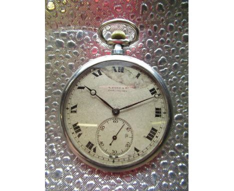 R Bond &amp; Company, Darlington, 1920's silver open faced keyless pocket watch, snap on bezel and hinged back, bearing impor