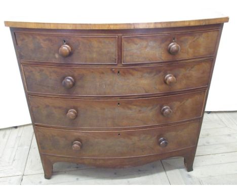 19th century mahogany bow front chest of two short and three long graduated cockbeaded drawers, with turned wooden handles, o