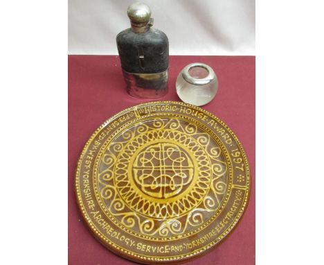 Early C20th glass vesta with silver rim, C20th spirit flask with silver plated mount, late C20th presentation slipwear plate 