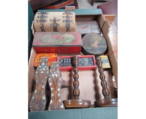Pair of spelter Marley horsemen, two vintage cricket bats, piano accordion, a large C19th jelly mould, vintage tins, games et