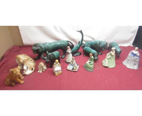 Collection of Blue Mountain Pottery animals: elephant, hippo, fish, lion, dog, jaguar and a collection of Franklin Porcelain 