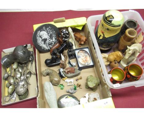 Early C20th folding corkscrew, collection of decorative wooden and ceramic animals, set of Russian type dolls and other items