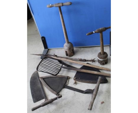 Collection of vintage tools including peat cutter, Bull lead etc 