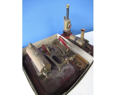 Brass live steam stationary engine, 15cm cylindrical boiler with twin wick burner, another similar with 10cm boiler, both inc