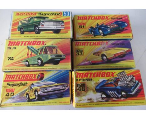 Six boxed matchbox cars in unused condition including  Toe Joe, Pi-Eyed Piper, Blue Shark, Datsun 126X, Vauxhall Guildsman an