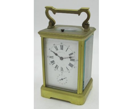 French gilt brass gorge cased repeating carriage alarm clock with platform lever escapement, the white enamel Roman dial indi