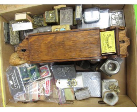 C20th golden oak match box dispenser, other matchboxes, vesta holders, two pipes, C20th vesta in the form of a boot, rosewood