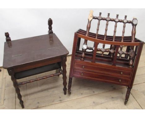 Edwardian inlaid mahogany three division Canterbury, with two drawers, on ring turned tapering supports, brass sockets and ca