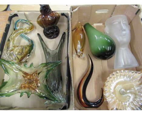 Collection of decorative glassware incl.  Scandinavian head vase, Murano style glass bowls, a glass Eagle bottle etc (2 boxes