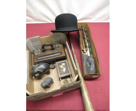 Late Victorian mahogany and ebony finish pen stand, twin inkwells recessed pen tray and single drawer, two ebony elephants, p