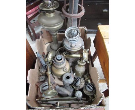 Edwardian oil lamp on cast metal base, C20th brass hanging oil lamp, vintage blow lamp, Siddon of West Bromwich No.4 flat iro