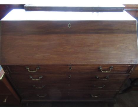 Geo.III mahogany bureau fall front with satinwood inlaid interior above four graduated drawers with swan neck handles ogee br