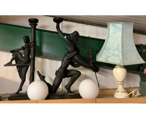 Two Widdop Bingham &amp; Co Ltd, composition compsite Art Nouveau table lamps with opaque glass globes, white marble table la