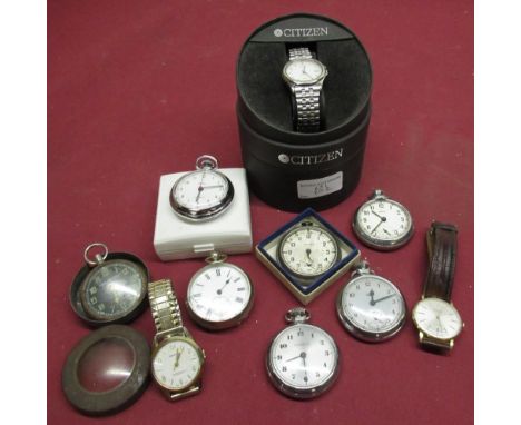 Citizen WR50 quartz wristwatch, cased, (appears running), seven various pocket watches including Ingersoll, Smith's, etc, Per