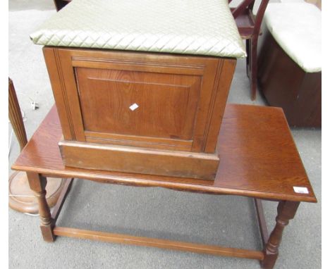 Oak coffee table, on turned legs, 90cm x 45cm x 48cm, late 19th century oak and pine stool, with upholstered top and a beech 