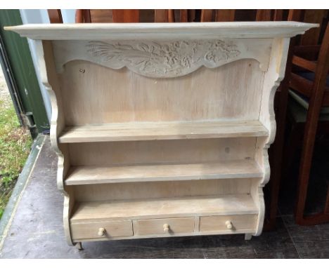 Vintage painted wall rack, shaped cornice with two shelves above three drawers, W88cm H92cm, two part finished oak dining cha