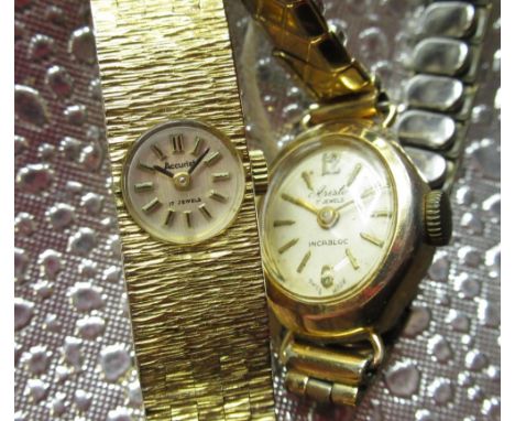 1960s Aristo Ladies gold plated wristwatch on expanding bracelet on original fitted box and 1970s Accurist gold plated wristw