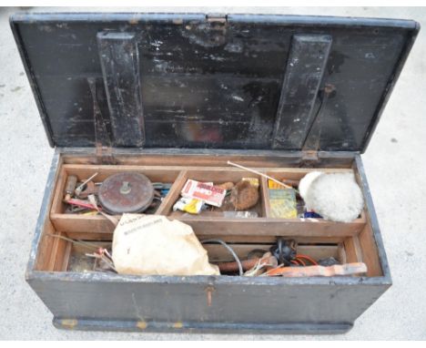 Large wooden carpenters chest containing large quantity of tools, including saws, hammers, drill, sanders, lamps, etc 