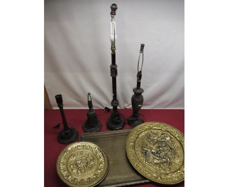 Large gilt metal circular tray, two smaller similar, a large Lamp, and three other glazed lamps with a pair of lampshades wit