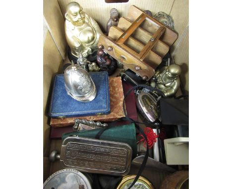 Collection of Buddhas, silver plated, cutlery, safety razor, polaroid 1000 camera, five bronzed busts of famous generals and 