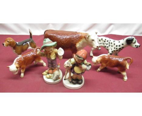 Beswick Herroford COw H14cm, similar calves, Beswick Dalmation with impress No 504 H13cm, Beswick CH Wendover Billly H12.5cm 