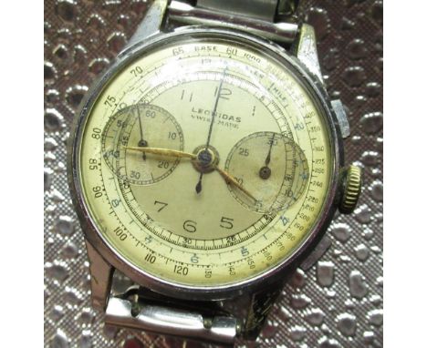 Leonidas , 1940's hand wound chronograph wrist watch, silvered dial with outer Telemeter scale, subsiduary dials, constant se