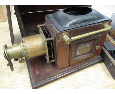 Early C20th mahogany and brass magic lantern projector with box of slides&nbsp;