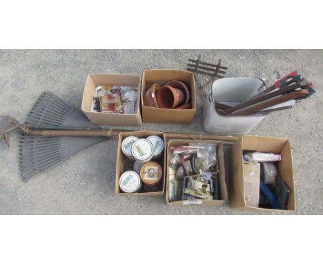 Collection of garden tools, flowerpots, door handles, almost empty Briwax polish, etc 