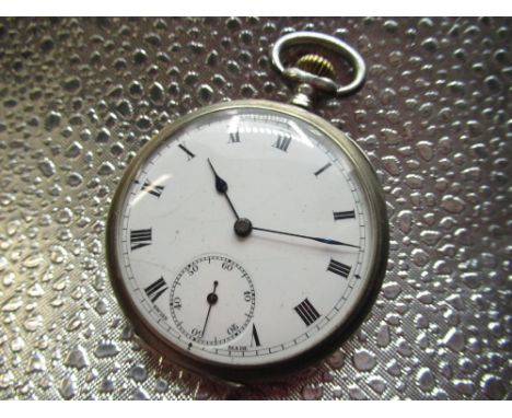 Swiss 1920's silver open faced keyless pocket watch, three piece case with hinged bezel, back and cuvette, case back with bla