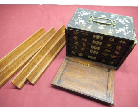 Mahjong game with five trays in a hand painted case with four stands, with printed instructions and scoring cards 