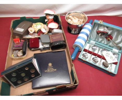 Box of miscellaneous inc. ceramic rolling pins, Toby Jugs, commemorative coins, a Riyal Mint 1983 proof coin collection, peek