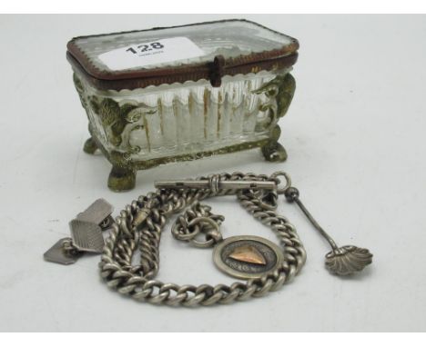 Hallmarked sterling silver watch albert with two fobs, a hallmarked sterling silver shell spoon, a pair of rectangular engine