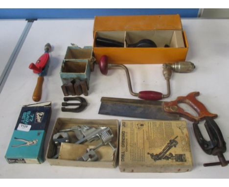 Collection of vintage tools including tenon saw, Clipper and Stanley hand held rotary drills, an Eclipse 77 saw set, etc 